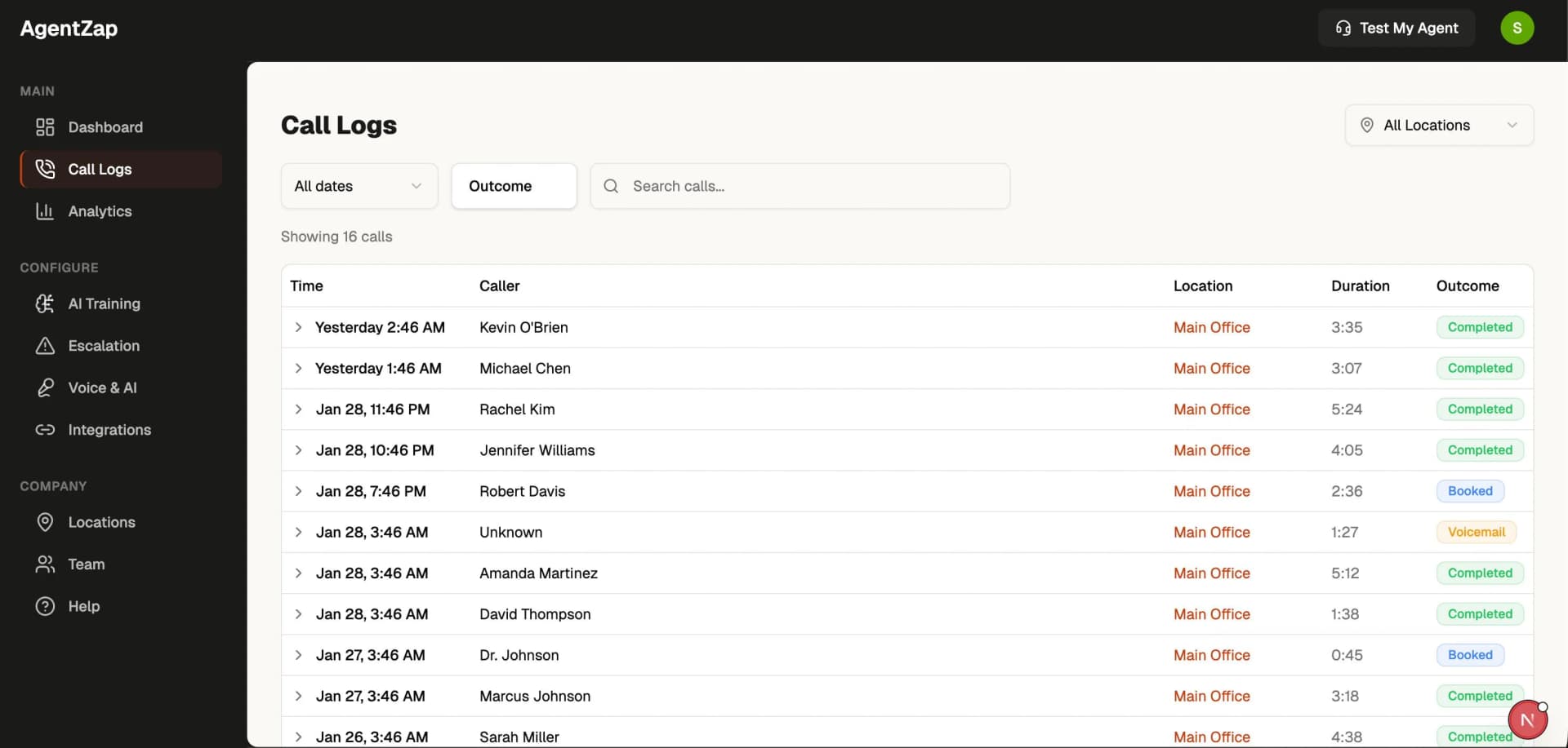 AgentZap Call Logs showing caller details, duration, and outcomes