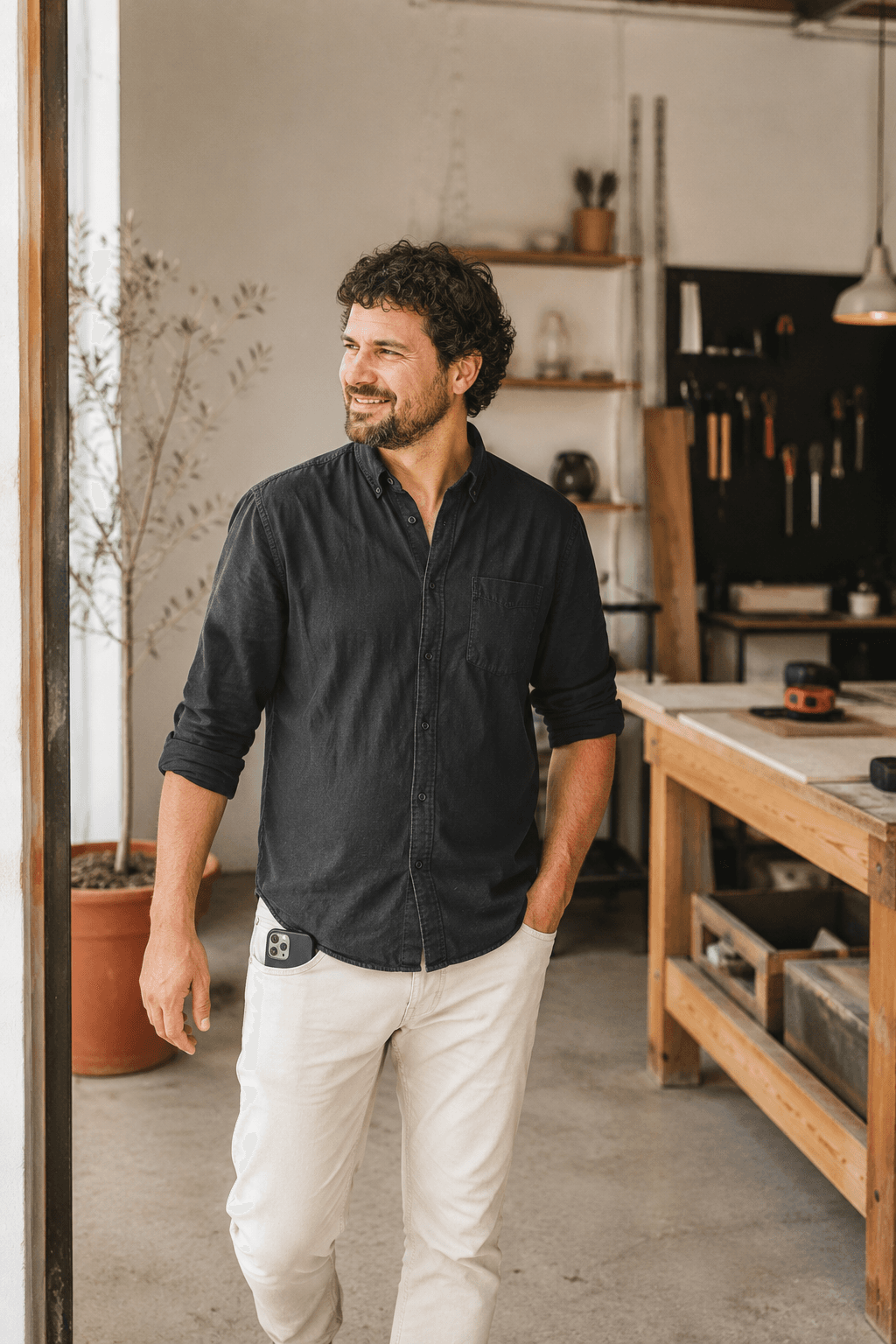 A small-business owner stepping away from his workbench, free to work while his calls are handled