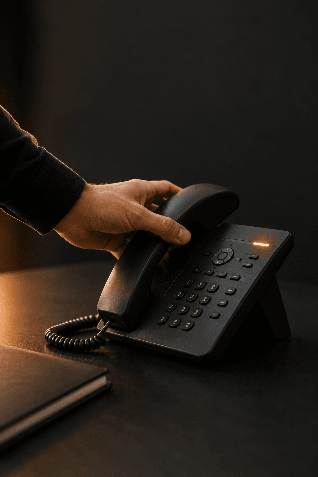 A person reaching to pick up a ringing desk phone, the moment a call is handed from the AI to a person