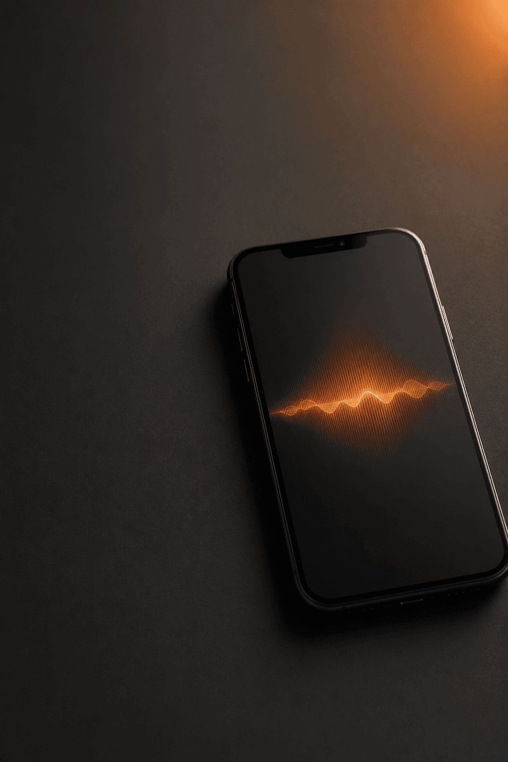 A phone on a dark desk showing a glowing orange voice waveform as a call is answered