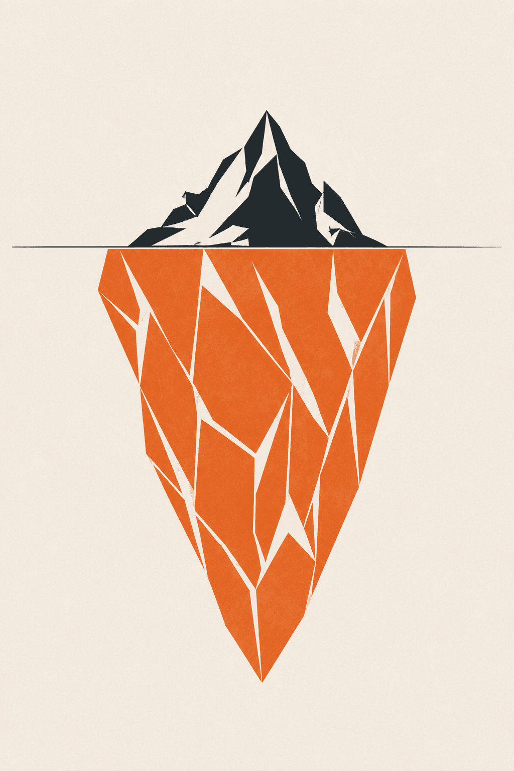 An iceberg with a small charcoal tip above the waterline and a much larger orange mass hidden below