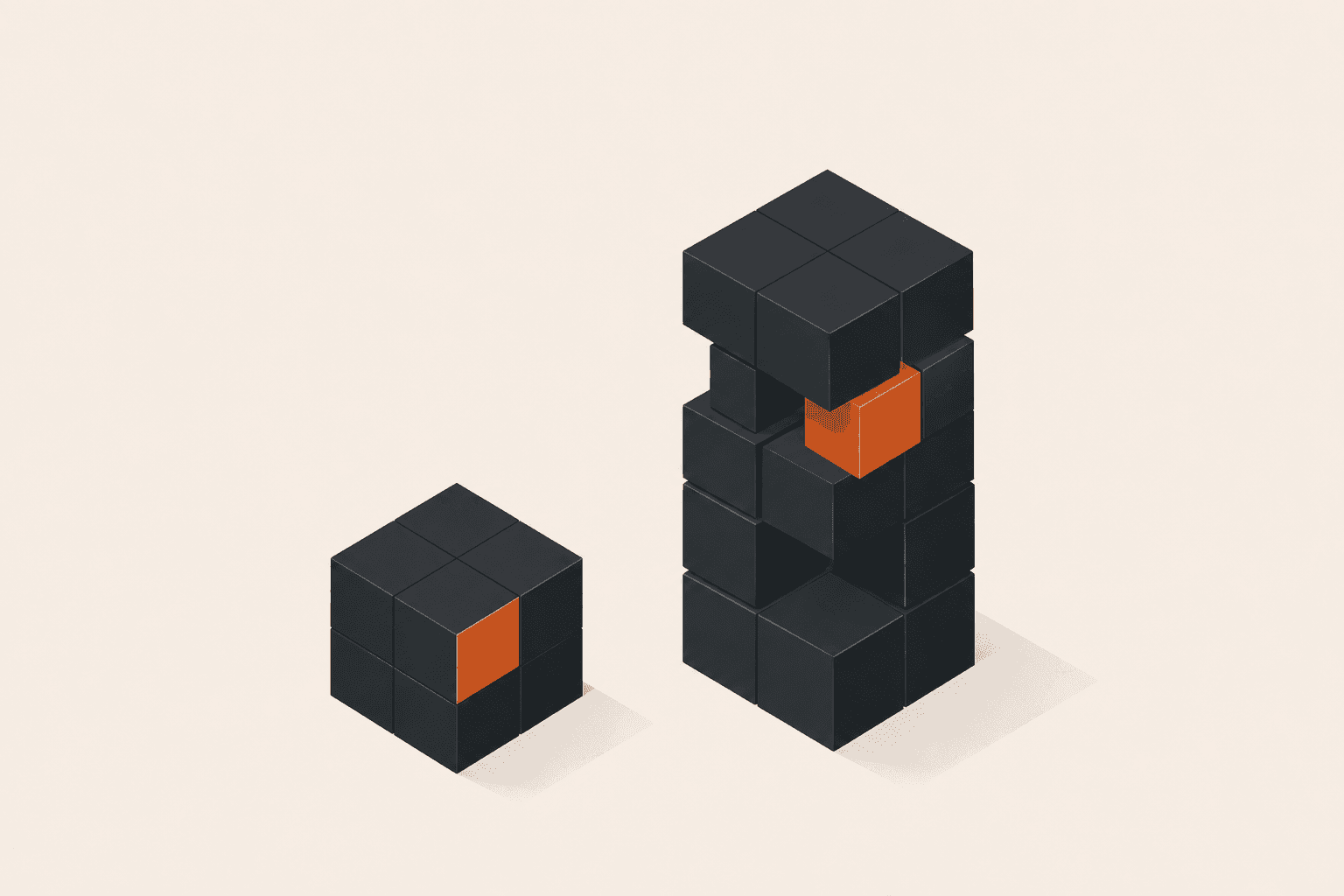 A short simple block cube beside a taller modular block tower, illustrating a standard agent versus a custom build